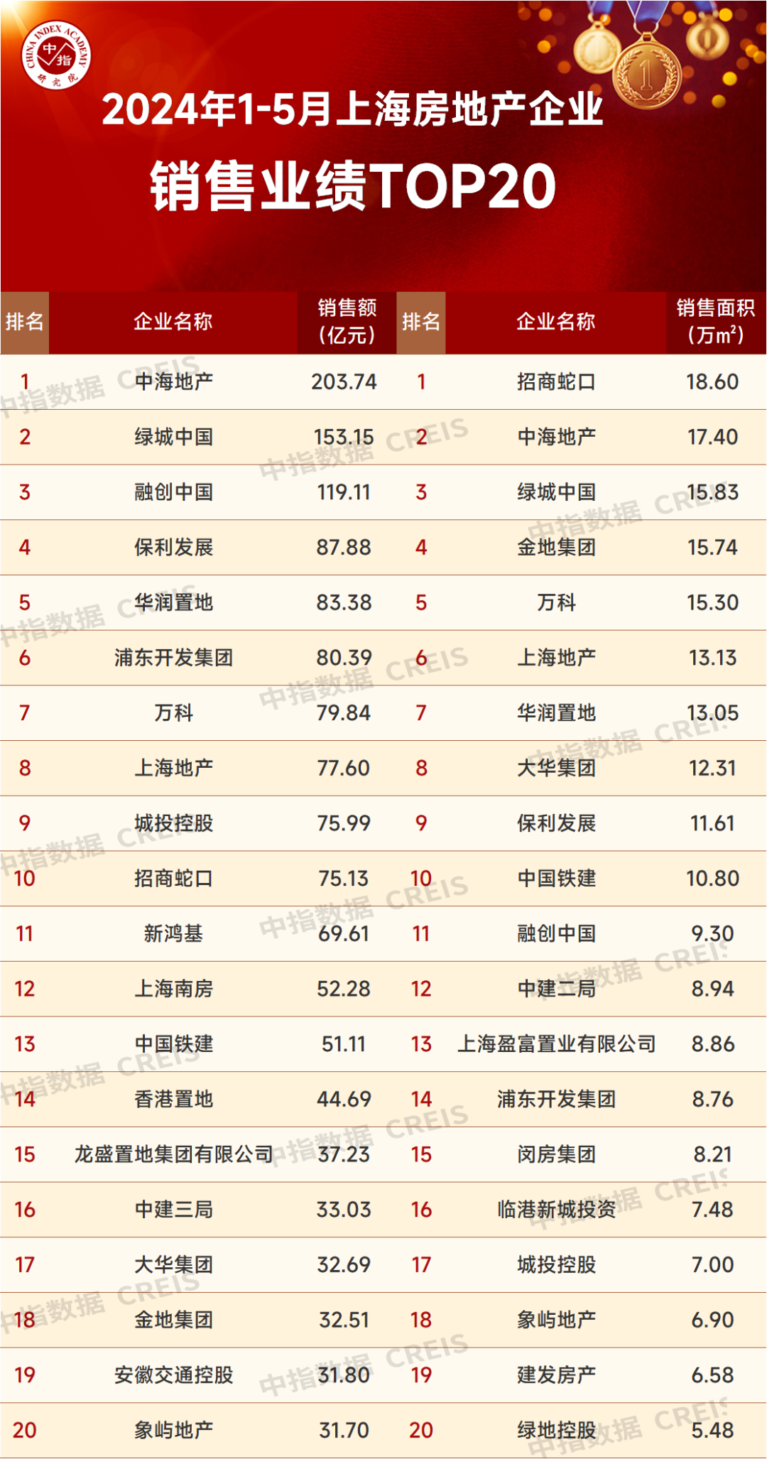 上海房产市场领军者：2024年1-5月销售业绩TOP20企业盘点