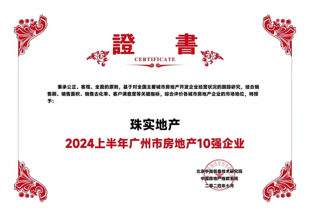 奋楫搏浪 | 珠实地产荣膺2024上半年广州市房地产10强企业TOP4